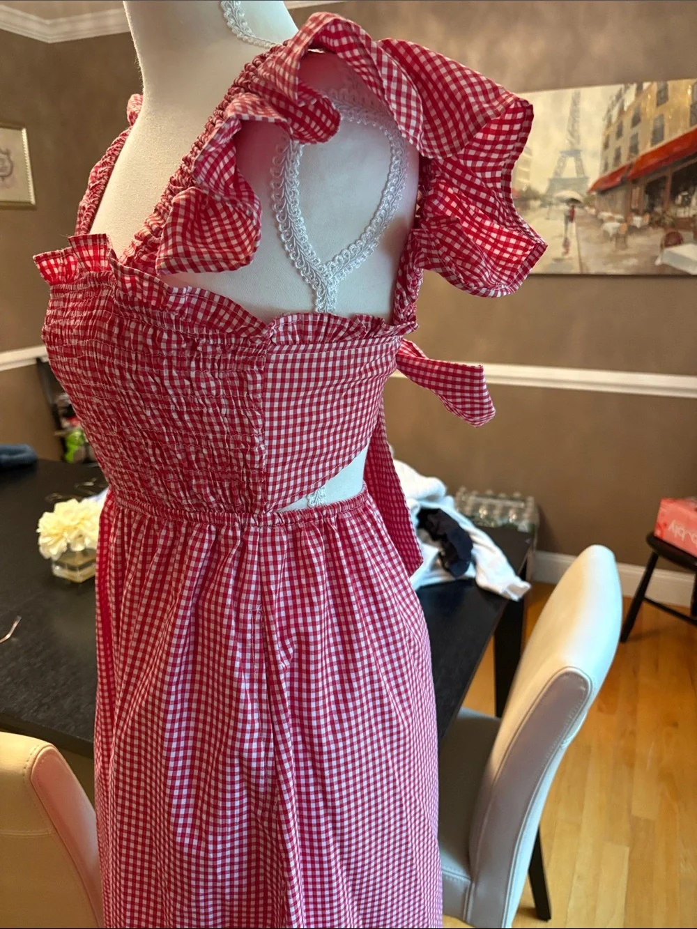 Red Gingham Smocked Midi Dress with Ruffle Cap Sleeves - Picture 2 of 5